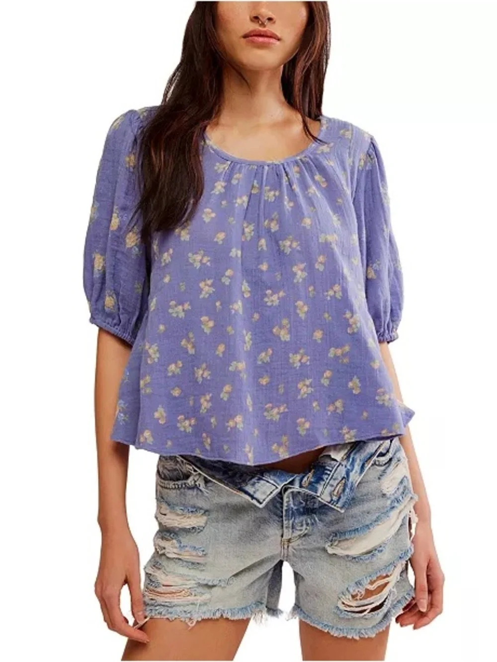 Free People Chloe Floral Printed Top Purple 100% Cotton Back Cut Out Sz Small